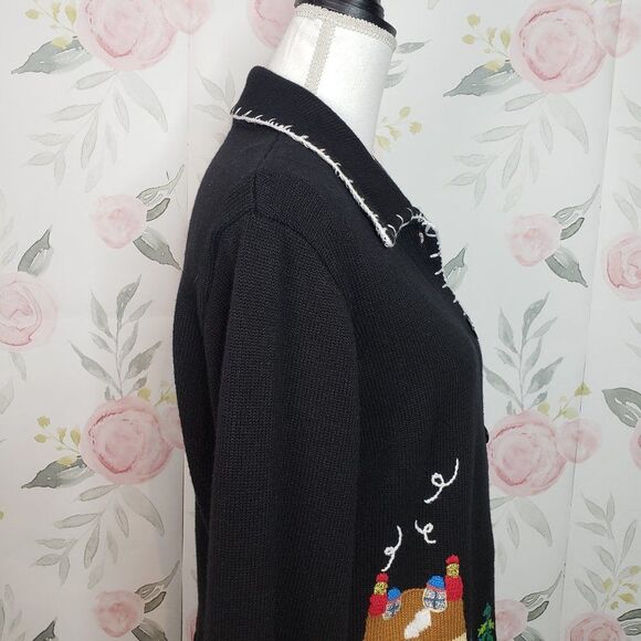 Vintage In Stitches Black Knit Holiday Christmas Cardigan Sweater womens L large - Picture 5 of 9